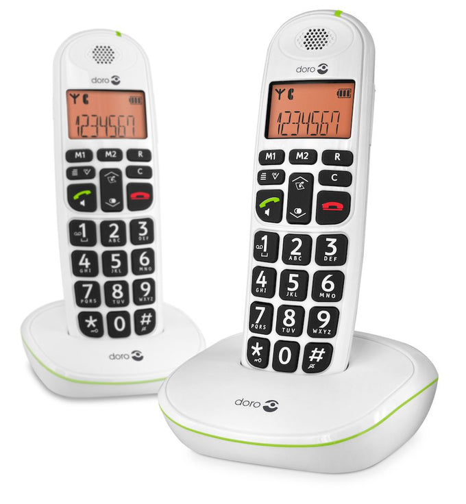 Doro Big Button Cordless Phone Twin Pack with amplified sound, large display, and audio boost – available at Keans