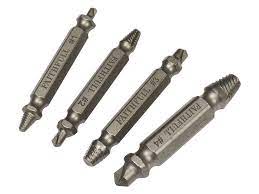 Faithfull 4 Piece Screw Extractor Set, hardened steel, removes damaged screws, fits all drills, available at Kean’s