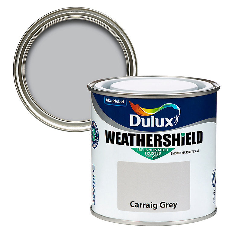 Dulux Weathershield Carraig Grey 250ml exterior masonry paint, mould resistant, weatherproof, super matt finish – Keans