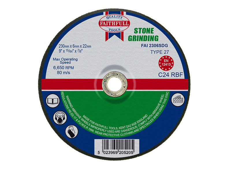 Faithfull 230mm depressed centre stone grinding disc, 6mm thick, silicon carbide, heavy-duty masonry grinding – Keans