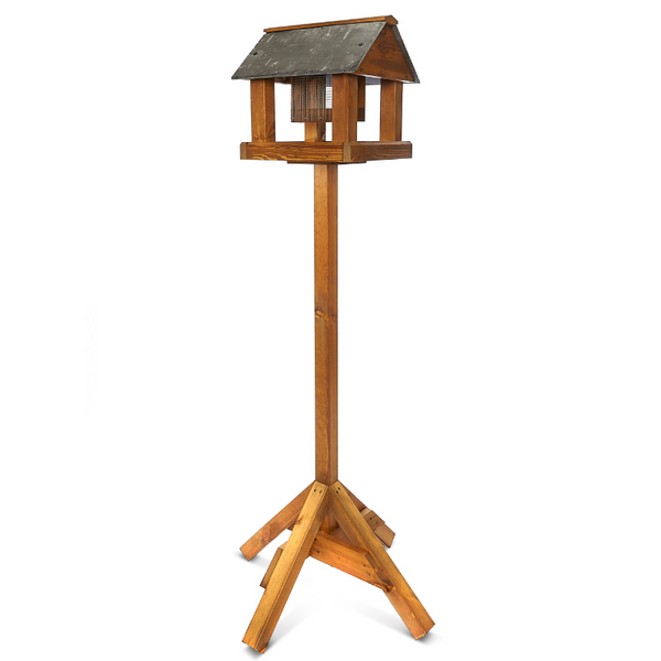Farndale Bird Table with feeder, heavy-duty base, slate roof, FSC wood, 150cm tall – Keans Claremorris garden bird feeder.