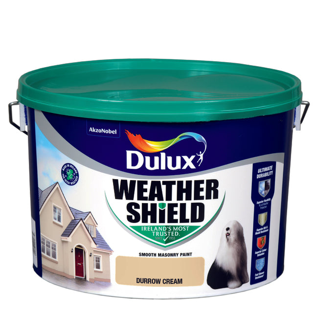 Dulux Weathershield Cream Masonry Paint 10L, exterior, opaque finish, anti-mould, anti-fade, 16sqm/L - Keans Claremorris