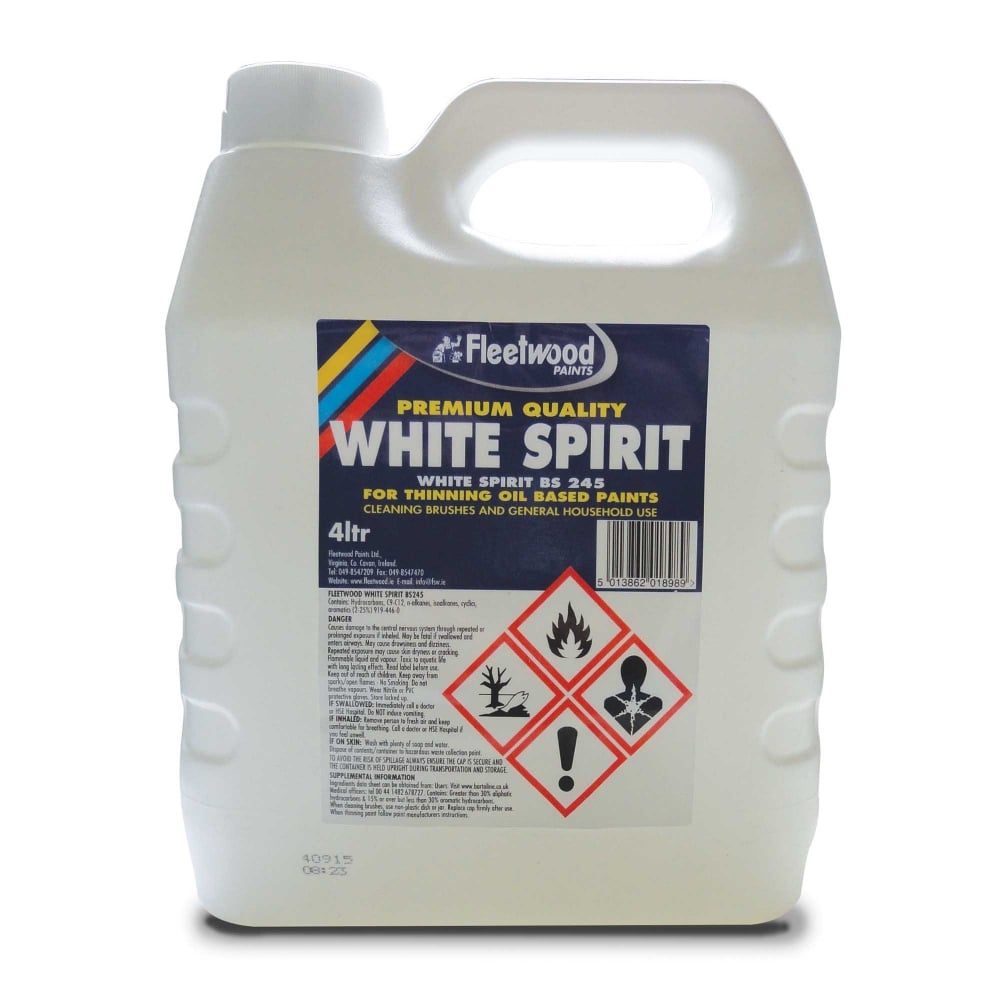 Fleetwood White Spirits 4L for thinning oil-based paints and cleaning brushes, available at Keans Claremorris.