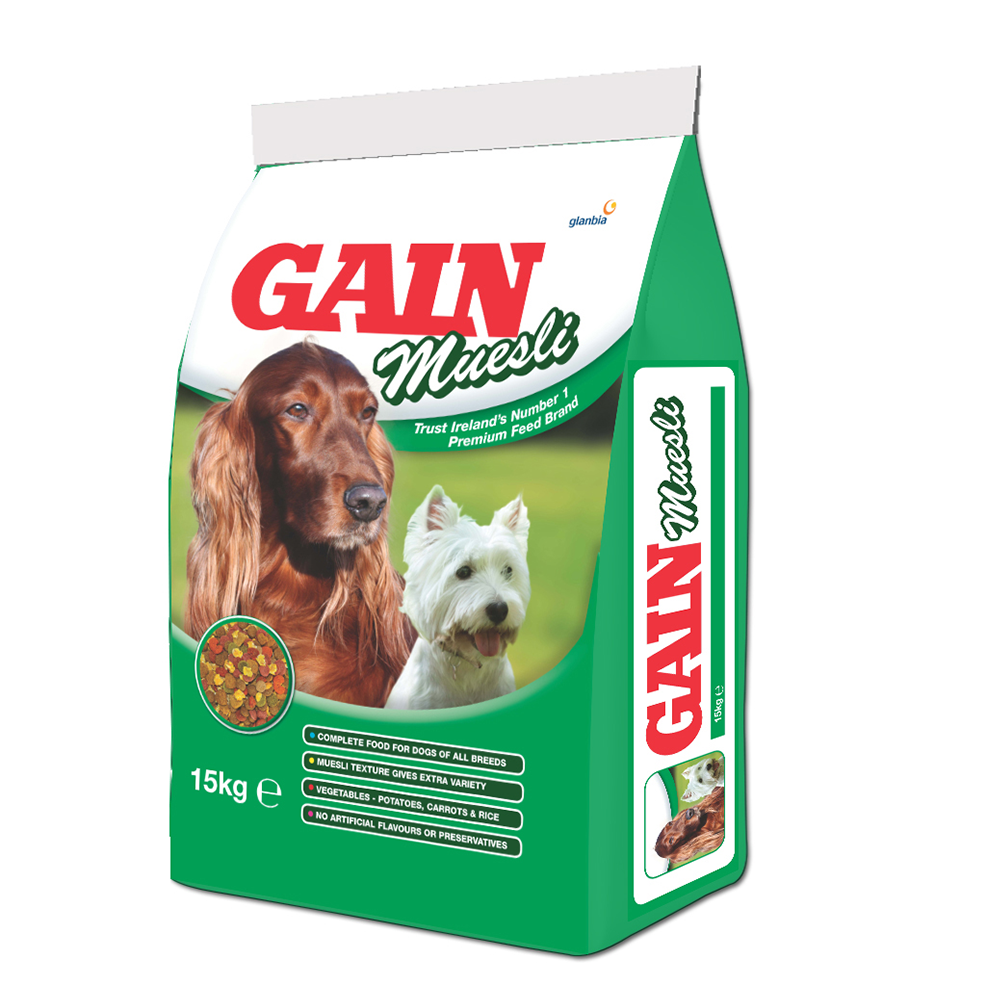 Gain Muesli Dog Food 15kg bag with vegetables, complete adult dog nutrition for low activity breeds - Keans Claremorris