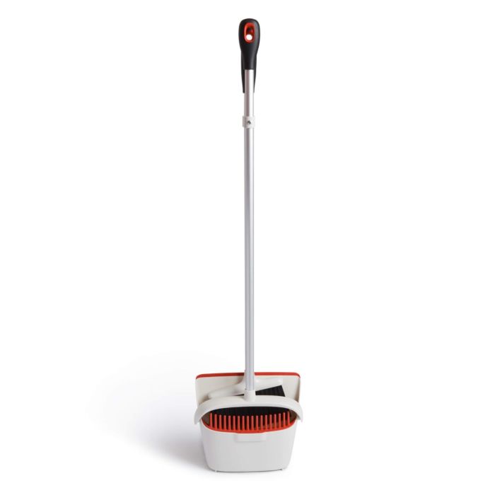 Oxo Good Grips Upright Sweep Set with flagged bristles, dustpan teeth, flexible lip, and locking dustpan at Keans