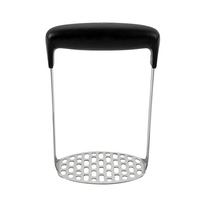 Oxo Good Grips Potato Masher with soft handle and fine-grid stainless steel plate, durable design, available at Keans