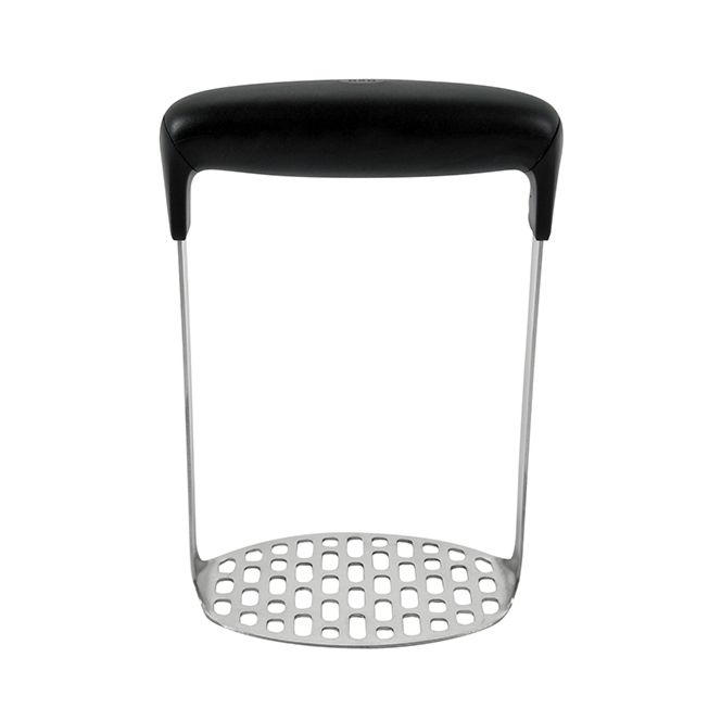 Oxo Good Grips Potato Masher with soft handle and fine-grid stainless steel plate, durable design, available at Keans