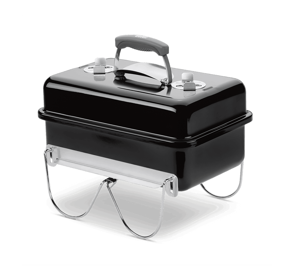 Weber Go-Anywhere 37cm charcoal grill, portable with locking legs, heat-shield handle, briquette cup – available at Kean’s