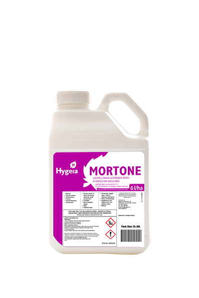 Hygeia Mortone 20L selective herbicide for rush and broad-leaf weed control in grassland, available at Keans Claremorris.