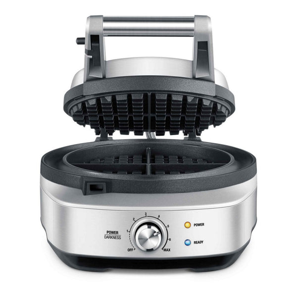 SAGE No-Mess Waffle Maker with 7 browning levels, non-stick plates, overflow moat, stainless steel, available at Kean’s