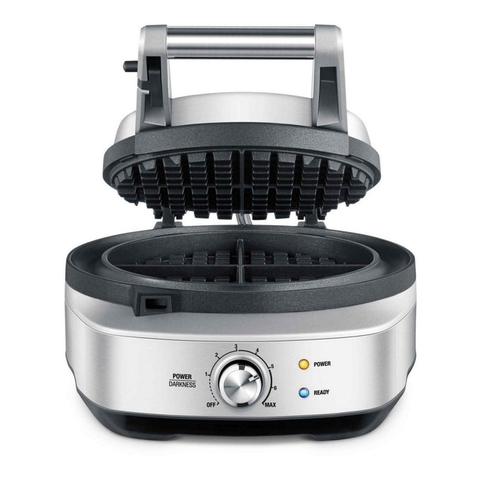 SAGE No-Mess Waffle Maker with 7 browning levels, non-stick plates, overflow moat, stainless steel, available at Kean’s