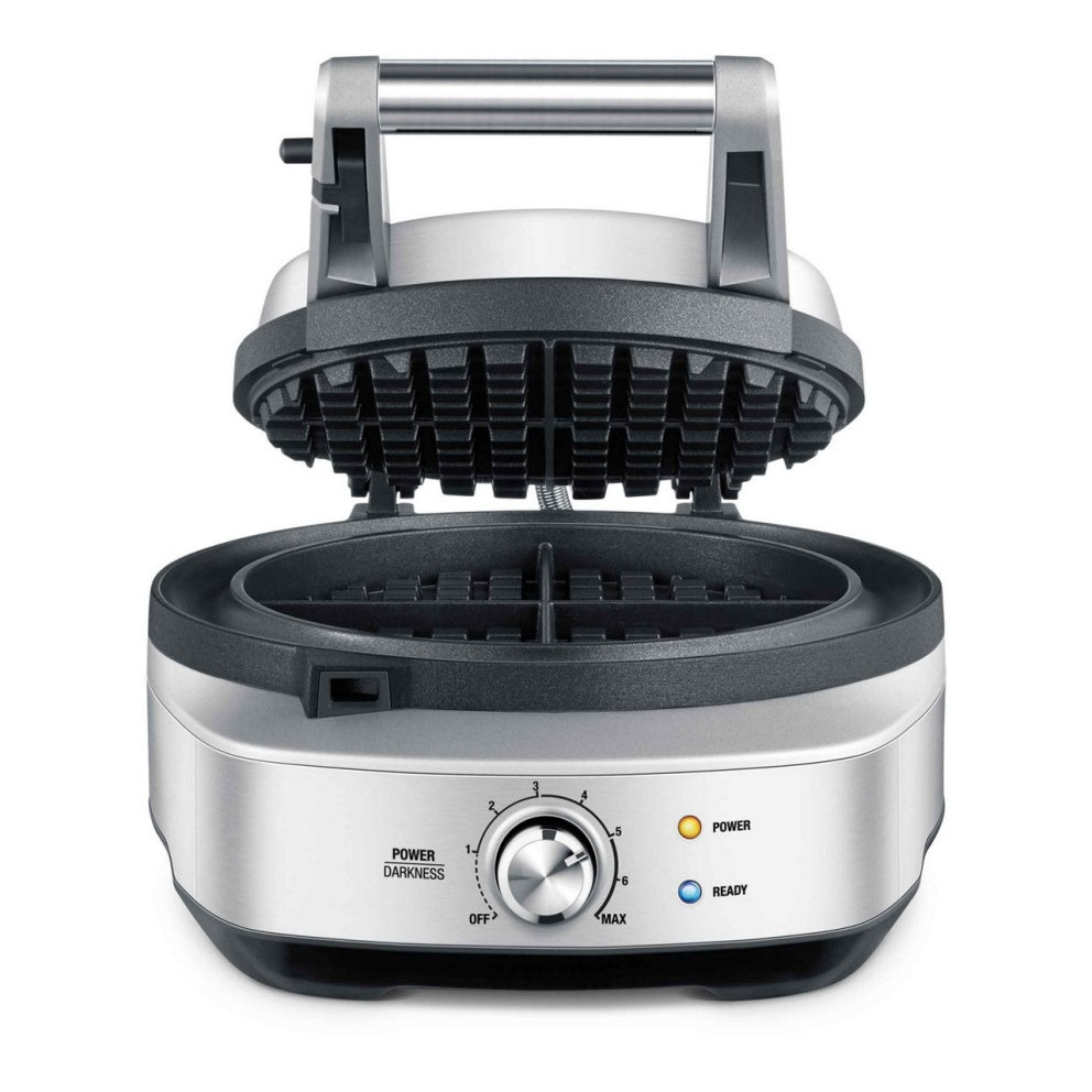 SAGE No-Mess Waffle Maker with 7 browning levels, non-stick plates, overflow moat, stainless steel, available at Kean’s