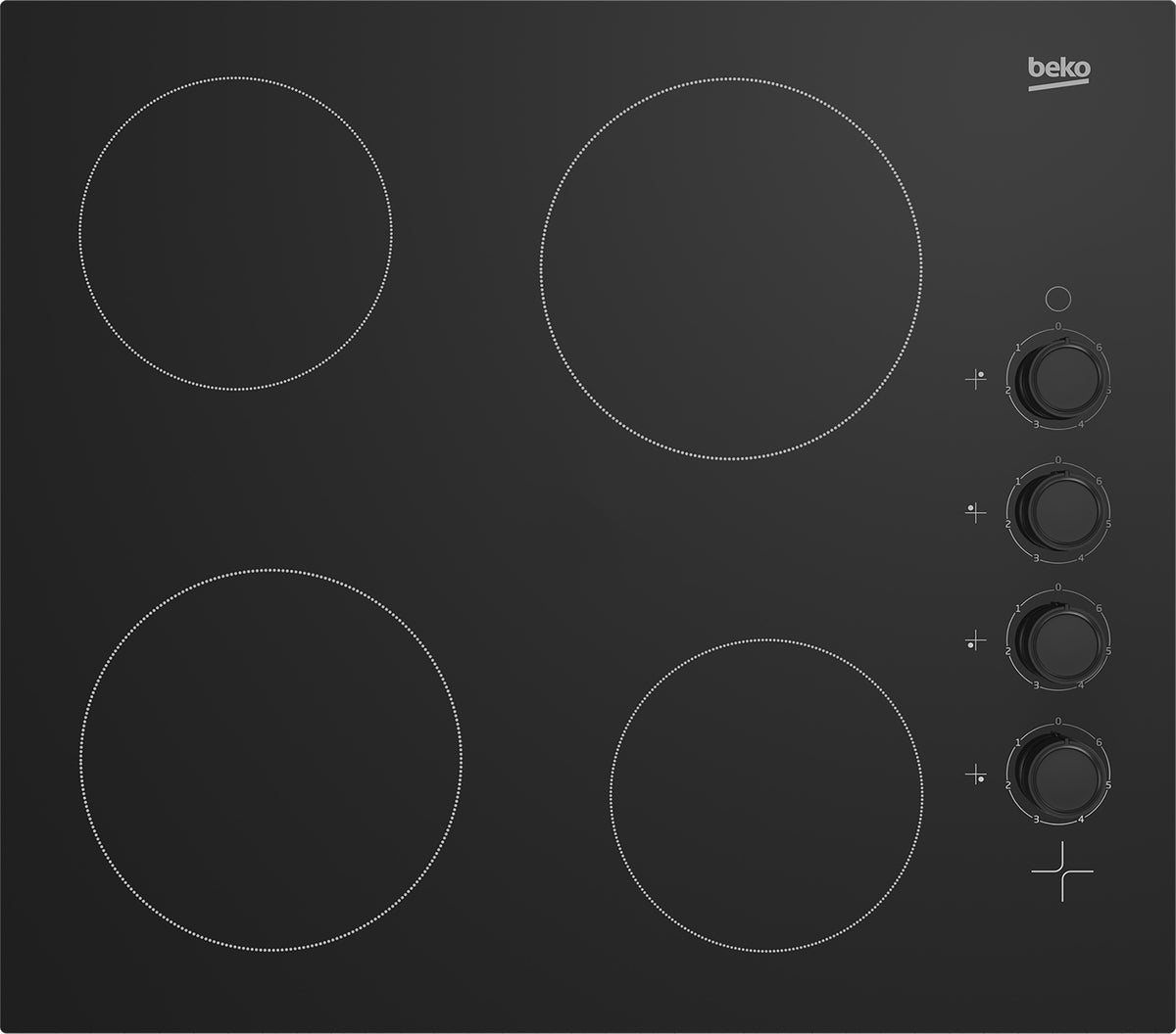 Built-in 60cm black ceramic hob with 4 Rapidlite zones, touch controls, easy-clean surface, available at Kean’s Claremorris.