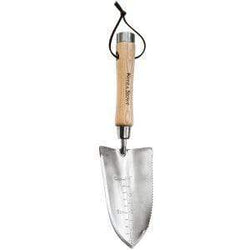 Kent & Stowe stainless steel garden trowel with serrated edge, ash wood handle, hammer end – versatile tool | Keans