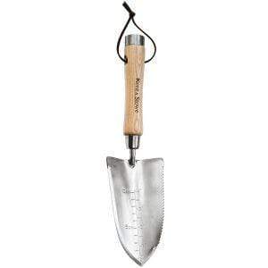 Kent & Stowe stainless steel garden trowel with serrated edge, ash wood handle, hammer end – versatile tool | Keans