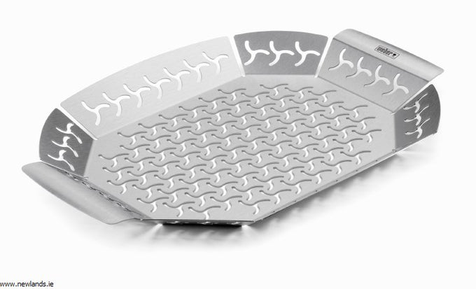 Weber Large Stainless Steel Vegetable Basket for BBQ grilling vegetables, meats, dishwasher safe, available at Kean’s