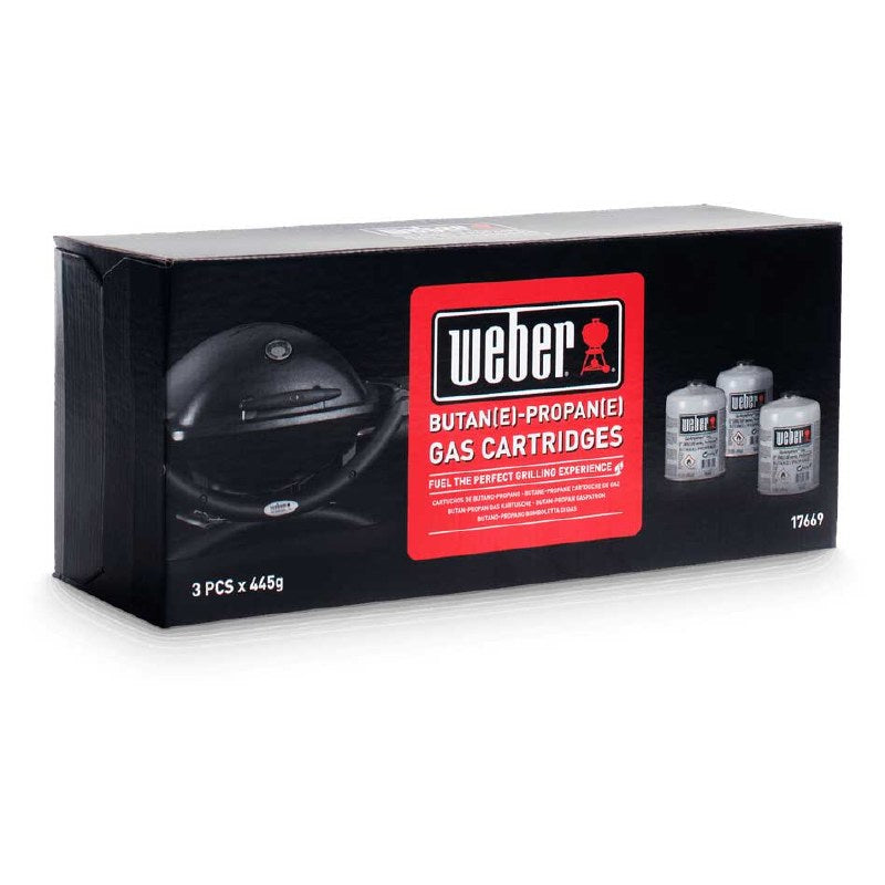 Weber 445g Butane-Propane Gas Canister 3-Pack for portable BBQs, 3 hours cooking time, available at Kean’s Claremorris. –