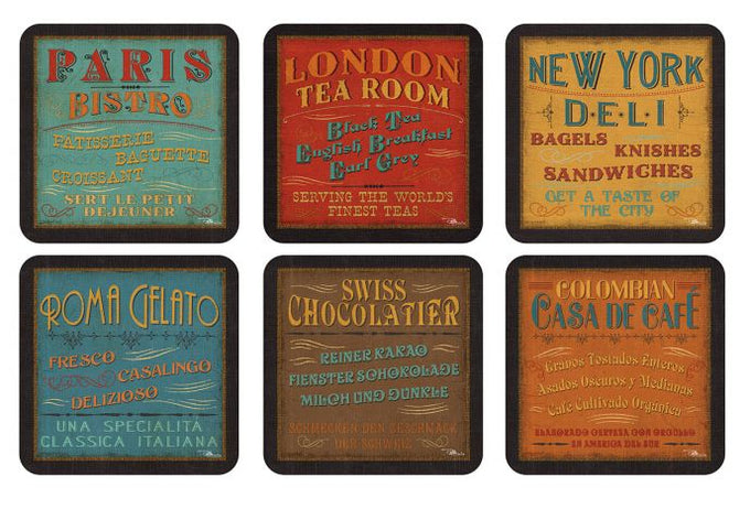 Set of 6 vintage lunch-themed MDF coasters with cork backing, 10.5cm square, by Pimpernel – Keans Claremorris.
