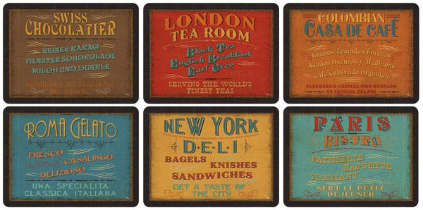 Set of 6 Pimpernel Vintage Menu placemats, stain and heat resistant with cork backing, available at Keans Claremorris.