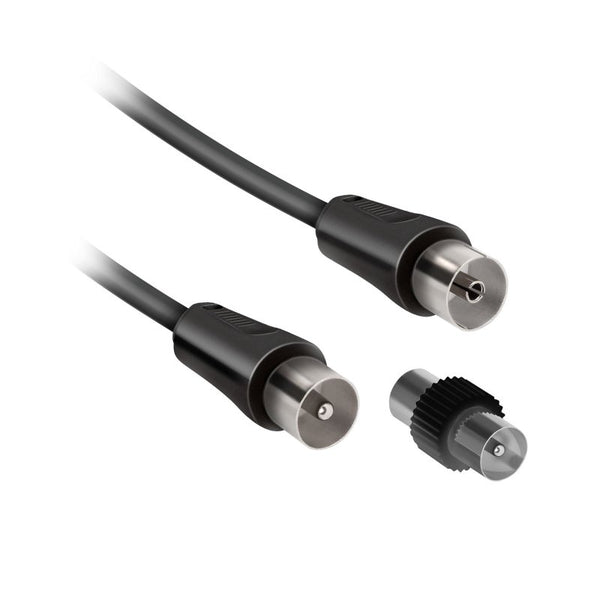 Antenna cable 9,5 mm male to 9,5 mm female, black color,cable length 5 m + coax adapter male-male, 75dB