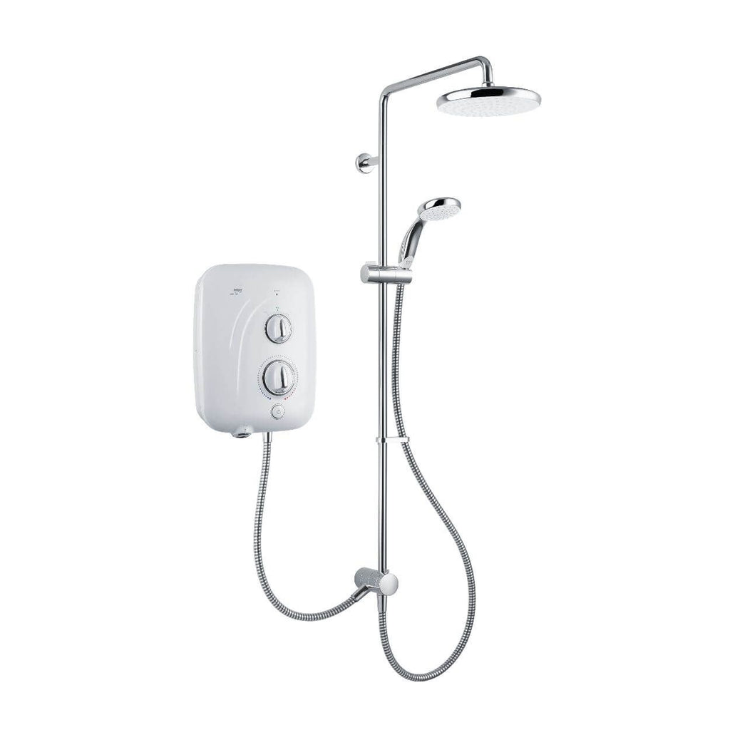 Mira Elite Shower Dual Outlet 9.8Kw with silent dual spray, pump, self-clean filter, white/chrome – Keans Claremorris.