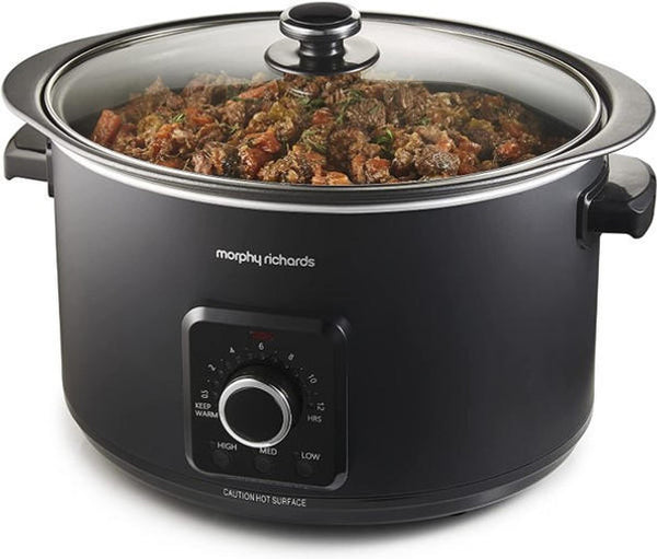 Morphy Richards 6.5L Easy Time Slow Cooker with hob-proof pot, auto keep warm, countdown timer – available at Keans