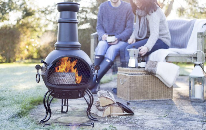 Murcia Medium Steel Chimenea with Grill, black steel, decorative legs, cooking grill, 88cm tall – Keans Claremorris