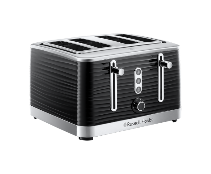 Russell Hobbs Inspire 4 Slice Black Toaster with stainless steel, textured ripple design – available at Keans Claremorris.