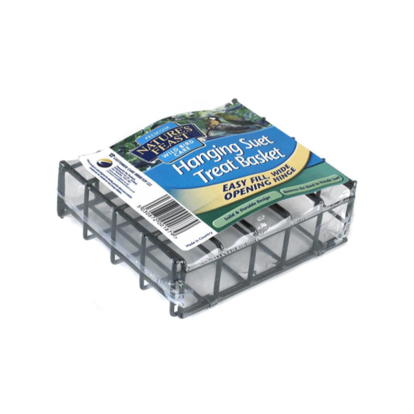 Nature's Feast Suet Treat Basket with durable design, wide hinge opening, hanging chain – available at Keans Claremorris.