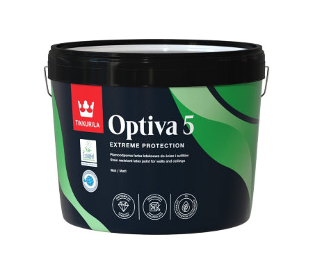 Optiva 5 A Base White 9LTR matt interior wall paint, durable, scrub resistant, eco-friendly by Tikkurila – Keans Claremorris