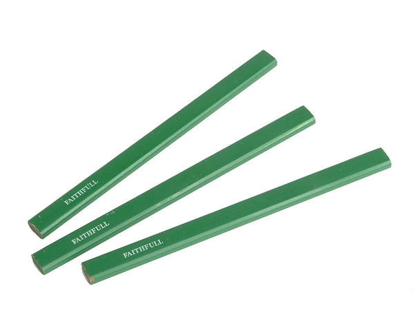 Faithfull 3-pack hard green carpenter’s pencils, flat-sided anti-roll design for clear marking on wood, brick, plaster –