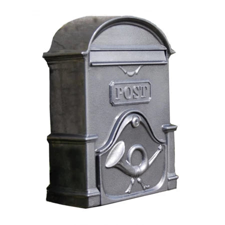 Deep A4 Antique Silver Moy Post Box, handcrafted cast aluminum, secure key lock, wall mountable, by Keans Claremorris.