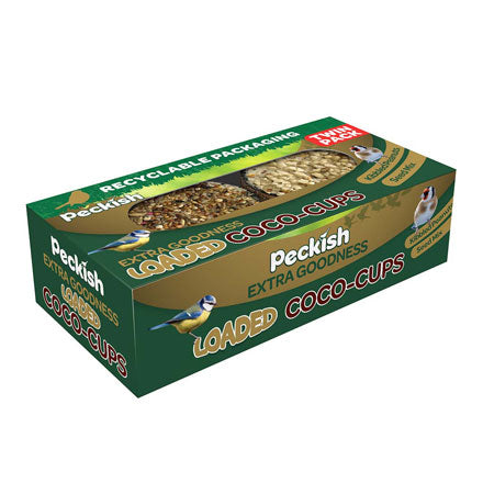 Peckish Extra Goodness Loaded Coco-Cups Twin Pack, high energy coconut-flavored bird food with peanuts and seeds, Keans