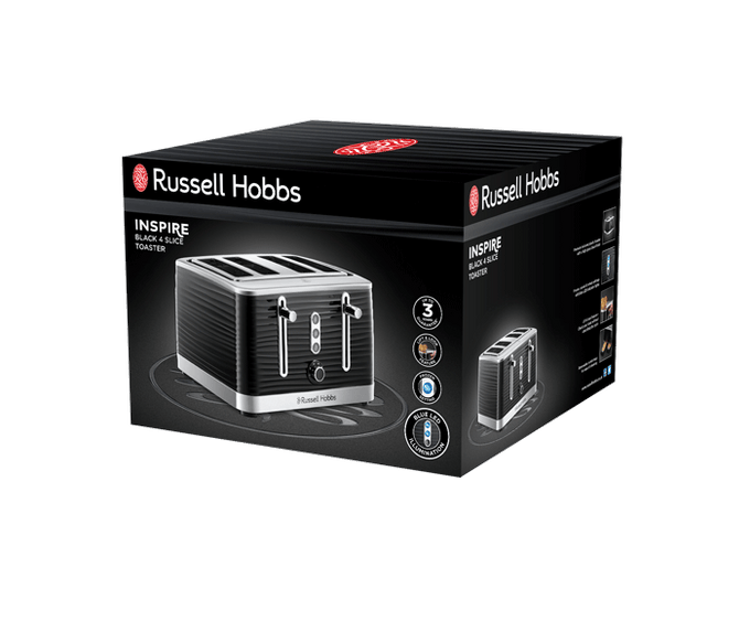 Russell Hobbs Inspire 4 Slice Black Toaster with extra-wide slots, sleek design - available at Keans Claremorris
