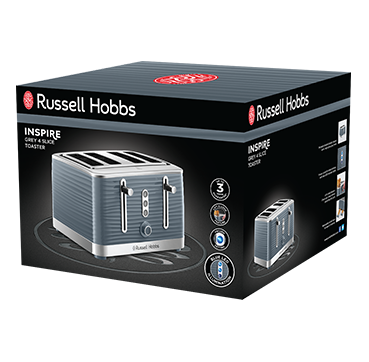 Russell Hobbs Inspire 4 Slice Grey Toaster with adjustable browning, sleek design – available at Keans Claremorris