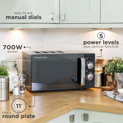 Russell Hobbs Inspire 17L Black Manual Microwave, compact kitchen appliance, available at Keans Claremorris