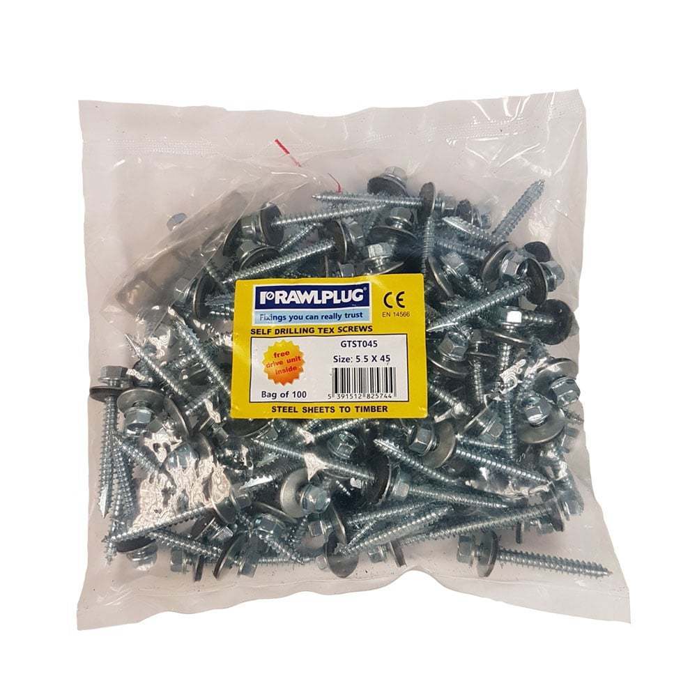 Self-tapping hex screw Type 17 5.5x45mm with 19mm bonded washer, zinc plated, pack of 100 - Keans Claremorris