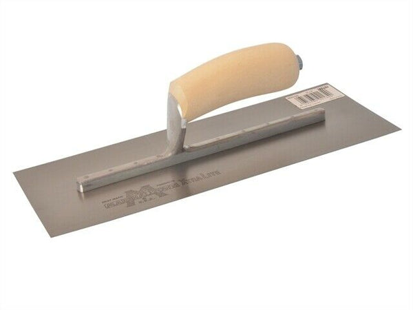 Plasterer's finishing trowel with flexible spring steel blade, aluminium alloy mounting, wooden handle - Keans Claremorris