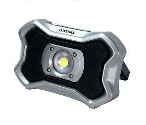 Faithfull 20W rechargeable work light with Bluetooth speaker, magnetic feet, power bank function – available at Kean’s