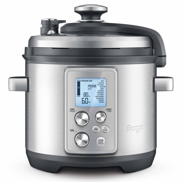 Sage Fast Flow Pressure Cooker 6L with auto steam release, triple safety lid, LCD display, and multi-function cooking –