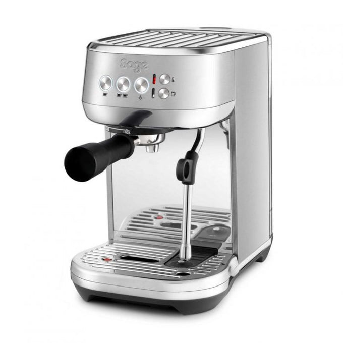Sage Bambino Plus espresso machine in brushed stainless steel, fast heat-up, automatic milk frothing, compact design –