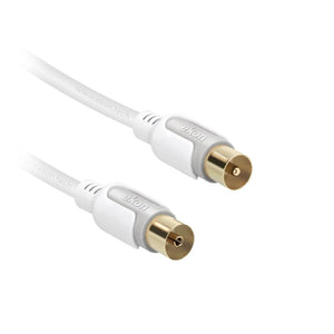 Cable antenna connectors 9,5 mm male a 9,5 mm female, white color,length Cable 1,8 m  dual shielding (braiding +  shielding foil) + ferrite core as filter +antenna adapter male/male.  90dB shielding rate. Metal shell connector,golden plated
