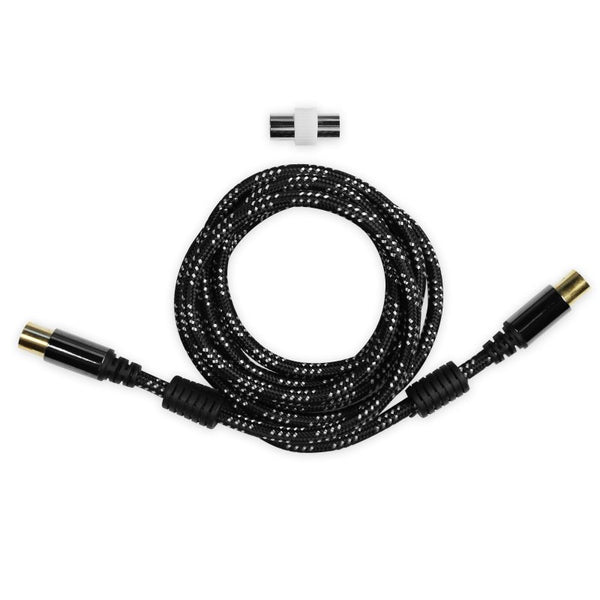 Antenna cable 9.5mm male to female, 1.8m fabric cable, gold-plated connectors, ferrite cores, with male-male adapter - Keans