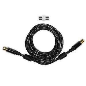 Antenna cable 9,5 mm male to female, 120 dB, ferrite, golden and metal connectors, cotton, cable length 1,8 m + coax adapter male-male