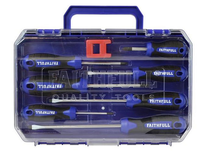 Faithfull 8-piece soft grip screwdriver set with magnetizer, durable chrome vanadium blades, in plastic case – Kean’s