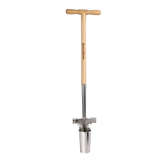 Kent & Stowe Long Handled Bulb Planter with stainless steel head and FSC ash wood handle for easy, ergonomic planting –