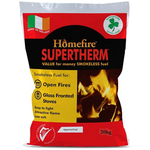 CPL Supertherm 20kg smokeless coal for open fires and stoves, available at Keans Claremorris.