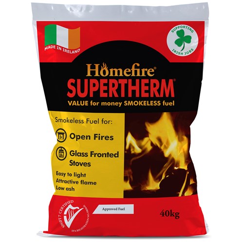 CPL Supertherm Smokeless Coal 40kg pack for open fires and stoves - Keans Claremorris