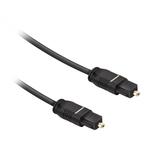 Black 1.8m optical fiber audio cable with Toslink male connectors, supports Dolby Digital and DTS – Keans Claremorris