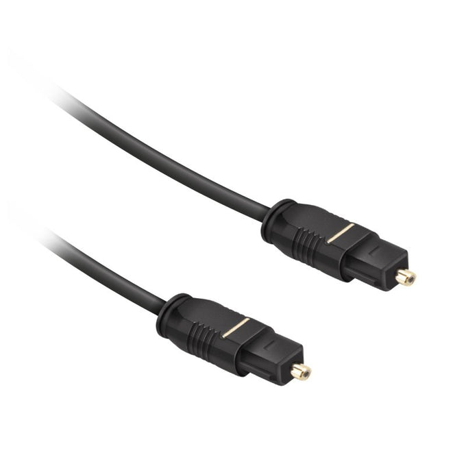 Black 1.8m optical fiber audio cable with Toslink male connectors, supports Dolby Digital and DTS – Keans Claremorris